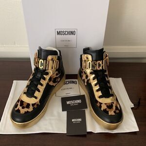 Moschino genuine calf hair detail basket leopard print sneaker Size 7 new